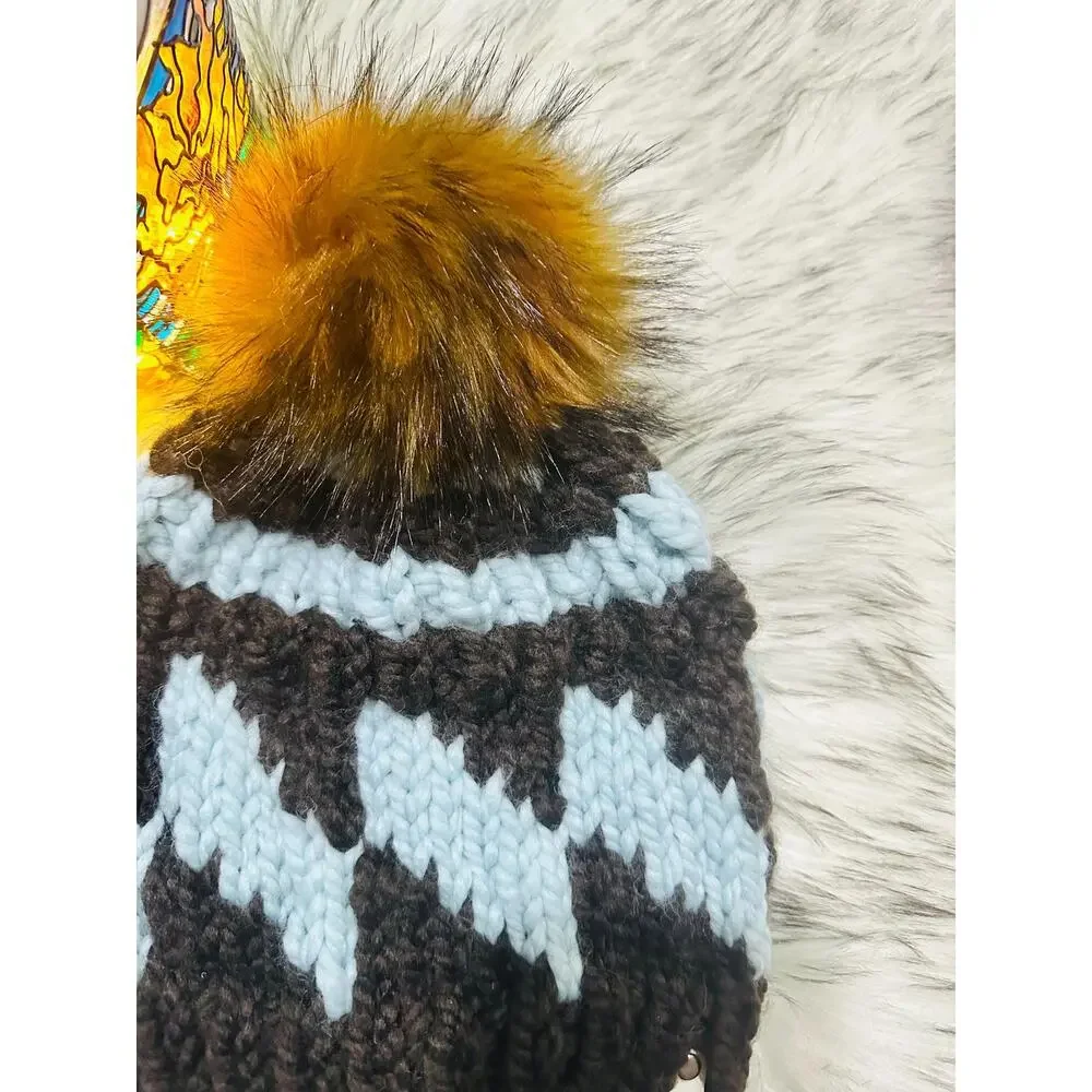 Hand Knit Tilt A Whirl Beanie: Cozy Winter Hat with Faux Fur Pom